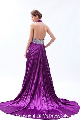 Halter Backless Sequins Pleats Eggplant Purple Prom Dress with Court Train
