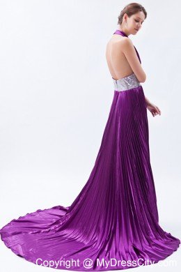 Halter Backless Sequins Pleats Eggplant Purple Prom Dress with Court Train