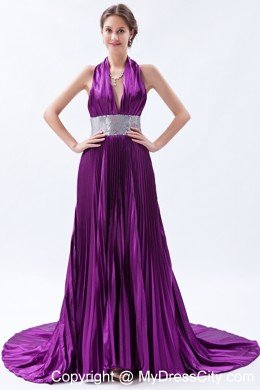Halter Backless Sequins Pleats Eggplant Purple Prom Dress with Court Train