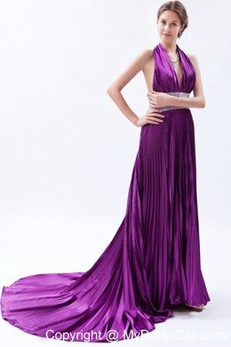 Halter Backless Sequins Pleats Eggplant Purple Prom Dress with Court Train