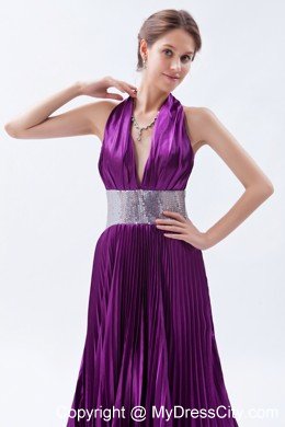 Halter Backless Sequins Pleats Eggplant Purple Prom Dress with Court Train