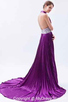 Halter Backless Sequins Pleats Eggplant Purple Prom Dress with Court Train