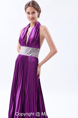 Halter Backless Sequins Pleats Eggplant Purple Prom Dress with Court Train