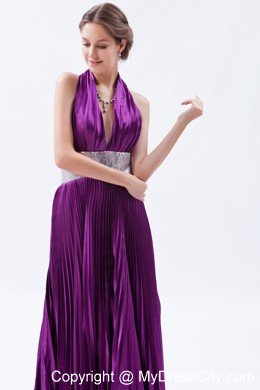 Halter Backless Sequins Pleats Eggplant Purple Prom Dress with Court Train