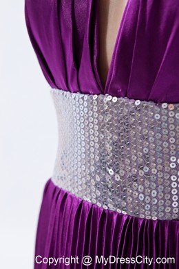 Halter Backless Sequins Pleats Eggplant Purple Prom Dress with Court Train