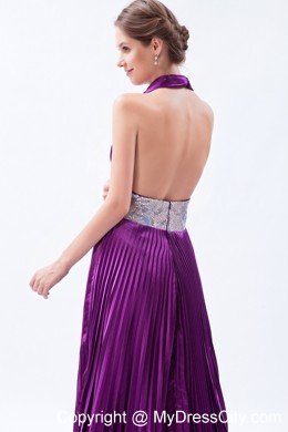 Halter Backless Sequins Pleats Eggplant Purple Prom Dress with Court Train