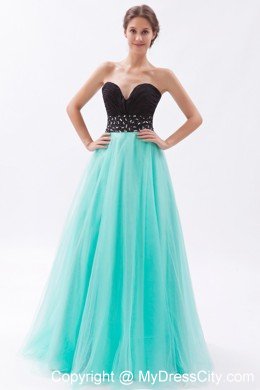 Sweetheart A-line Tulle Beading Ruches Black and Blue Prom Dress