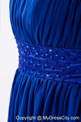 Chiffon One Shoulder Empire Beading Blue Prom Dress for Girls