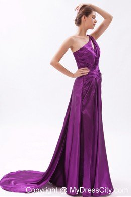 Single Shoulder Column Cutouts Eggplant Purple Prom Dress with Train