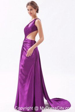 Single Shoulder Column Cutouts Eggplant Purple Prom Dress with Train