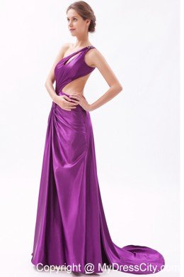 Single Shoulder Column Cutouts Eggplant Purple Prom Dress with Train