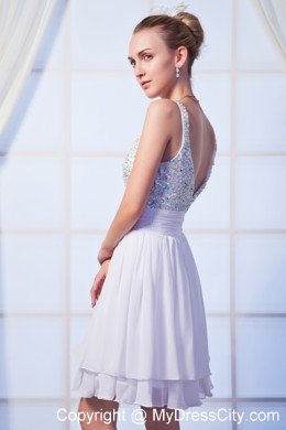 White Chiffon Empire Straps Knee-length Beaded Prom Dress