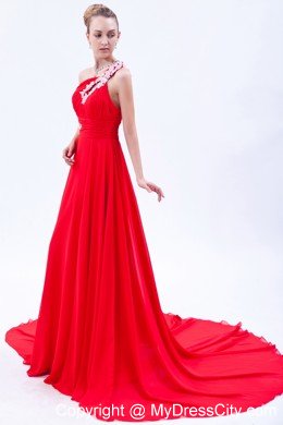 One Shoulder Court Train Chiffon Appliques Red Prom Gowns 2013