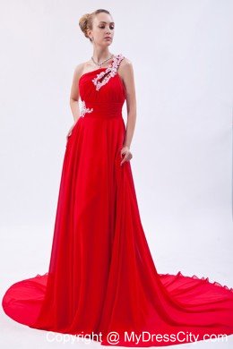 One Shoulder Court Train Chiffon Appliques Red Prom Gowns 2013