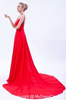 One Shoulder Court Train Chiffon Appliques Red Prom Gowns 2013