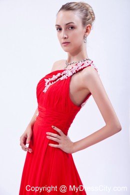 One Shoulder Court Train Chiffon Appliques Red Prom Gowns 2013