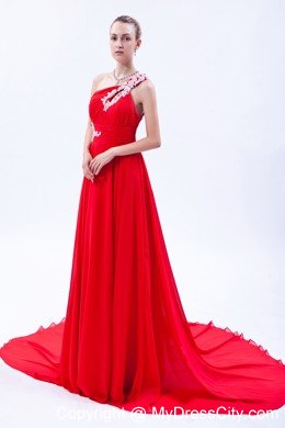 One Shoulder Court Train Chiffon Appliques Red Prom Gowns 2013