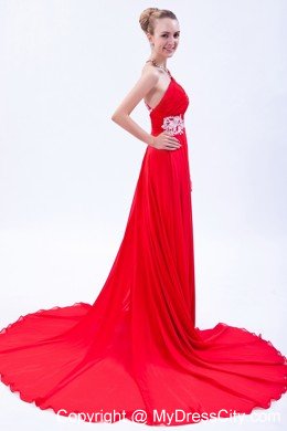 One Shoulder Court Train Chiffon Appliques Red Prom Gowns 2013