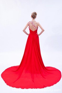One Shoulder Court Train Chiffon Appliques Red Prom Gowns 2013