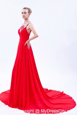One Shoulder Court Train Chiffon Appliques Red Prom Gowns 2013