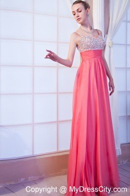Beaded Chiffon V-back Straps Watermelon Pink Prom Dresses