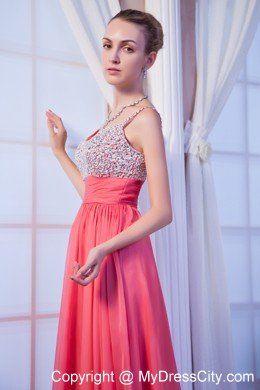 Beaded Chiffon V-back Straps Watermelon Pink Prom Dresses