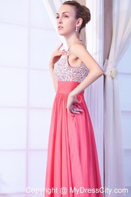 Beaded Chiffon V-back Straps Watermelon Pink Prom Dresses