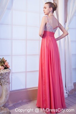Beaded Chiffon V-back Straps Watermelon Pink Prom Dresses