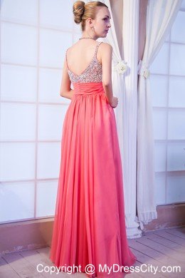 Beaded Chiffon V-back Straps Watermelon Pink Prom Dresses