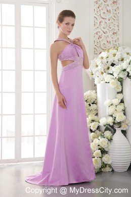 Column Brush Train Beading Lavender Prom Dress with Cut Outs