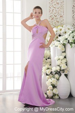 Column Brush Train Beading Lavender Prom Dress with Cut Outs