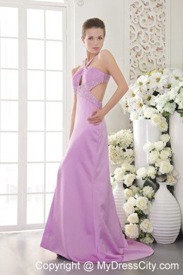 Column Brush Train Beading Lavender Prom Dress with Cut Outs
