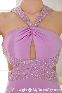 Column Brush Train Beading Lavender Prom Dress with Cut Outs