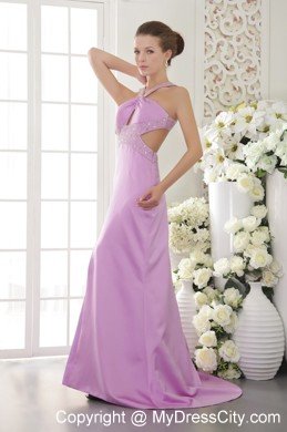 Column Brush Train Beading Lavender Prom Dress with Cut Outs