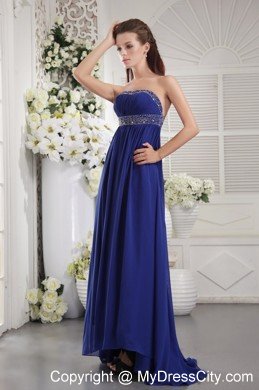 Blue Empire Strapless Brush Train Chiffon Prom Dress with Beading