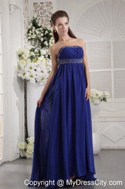 Blue Empire Strapless Brush Train Chiffon Prom Dress with Beading