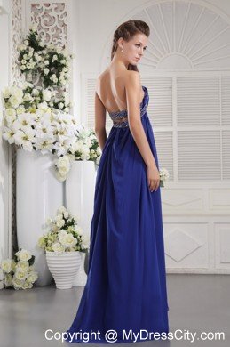Blue Empire Strapless Brush Train Chiffon Prom Dress with Beading