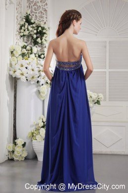 Blue Empire Strapless Brush Train Chiffon Prom Dress with Beading