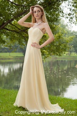 Light Yellow Empire Sweetheart Brush Train Prom Dress with Ruches