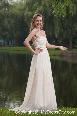 Champagne Empire Strapless Brush Train Prom Dress with Beading