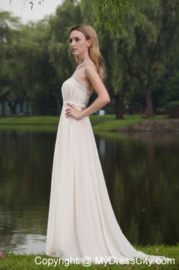 Champagne Empire Strapless Brush Train Prom Dress with Beading