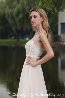 Champagne Empire Strapless Brush Train Prom Dress with Beading