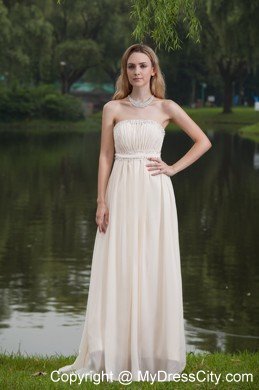 Champagne Empire Strapless Brush Train Prom Dress with Beading