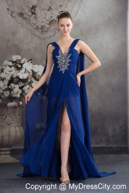 Elegant High Slit Royal Blue Prom Dress with Watteau Train 2013
