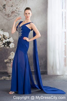 Elegant High Slit Royal Blue Prom Dress with Watteau Train 2013