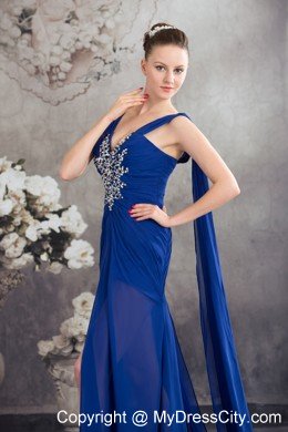 Elegant High Slit Royal Blue Prom Dress with Watteau Train 2013