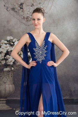 Elegant High Slit Royal Blue Prom Dress with Watteau Train 2013