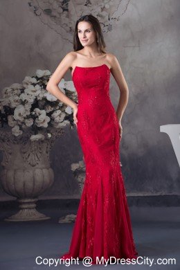 Cheap Mermaid Strapless long Red 2013 Prom Dress with Appliques