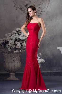 Cheap Mermaid Strapless long Red 2013 Prom Dress with Appliques