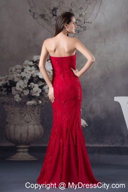 Cheap Mermaid Strapless long Red 2013 Prom Dress with Appliques